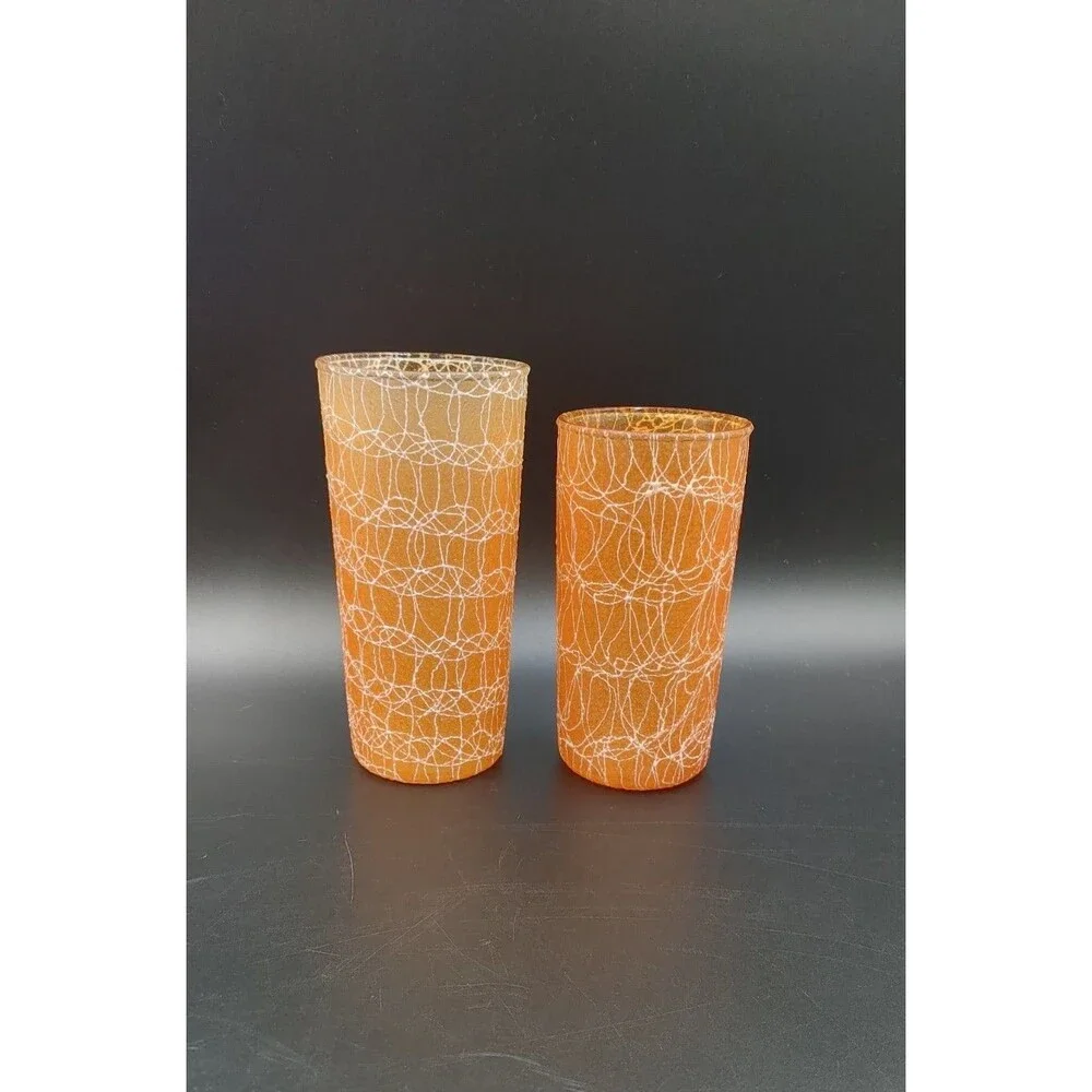 Pair 2 Spaghetti String Glasses Tumblers Rubber MCM VTG 50s 16 oz & 12 oz Orange